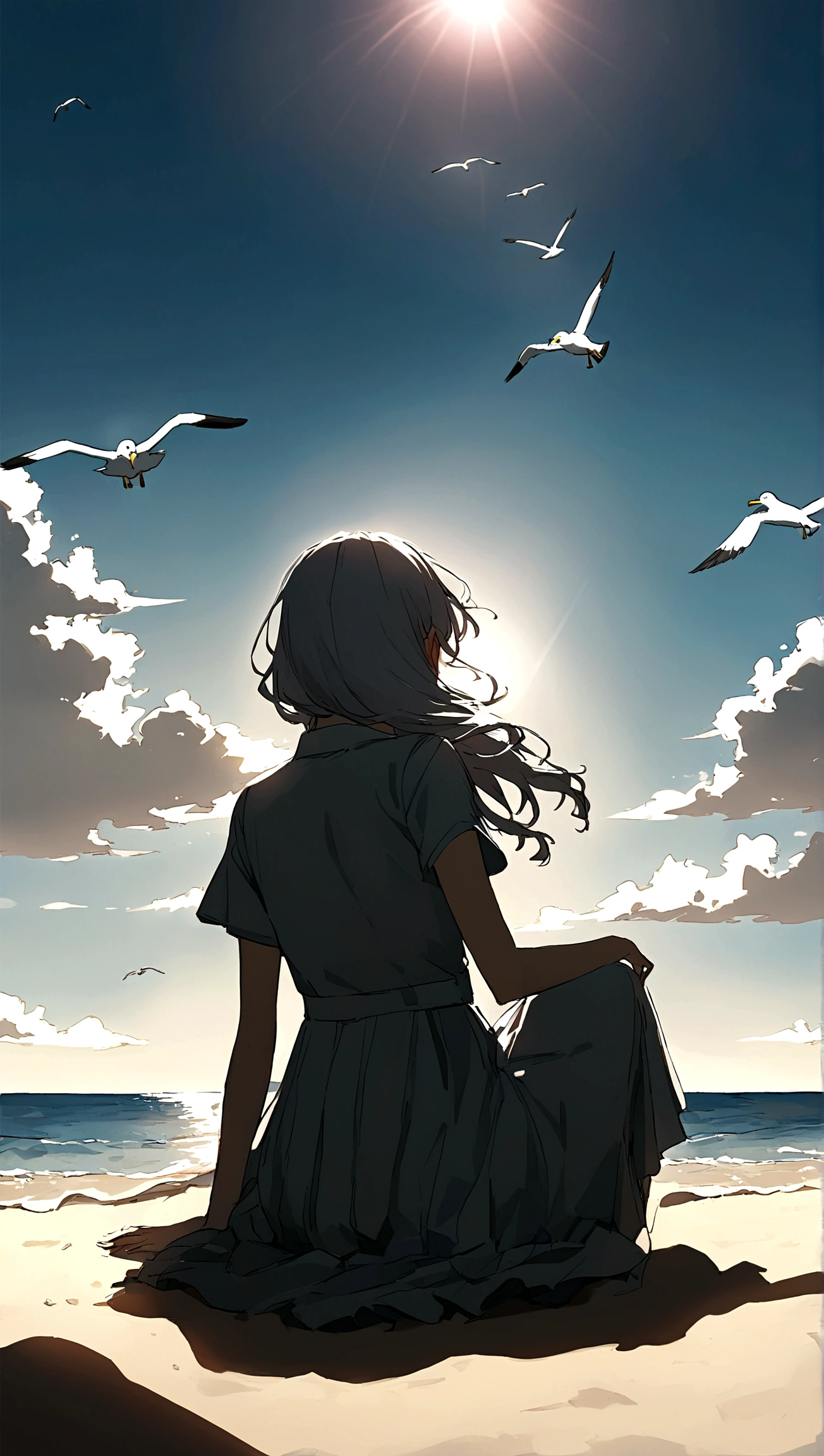 Generate a girl sitting on the sand on a beach cool breeze, blue sky, white clouds, seagull flying in the sky, sunlight, shadows of the objects,