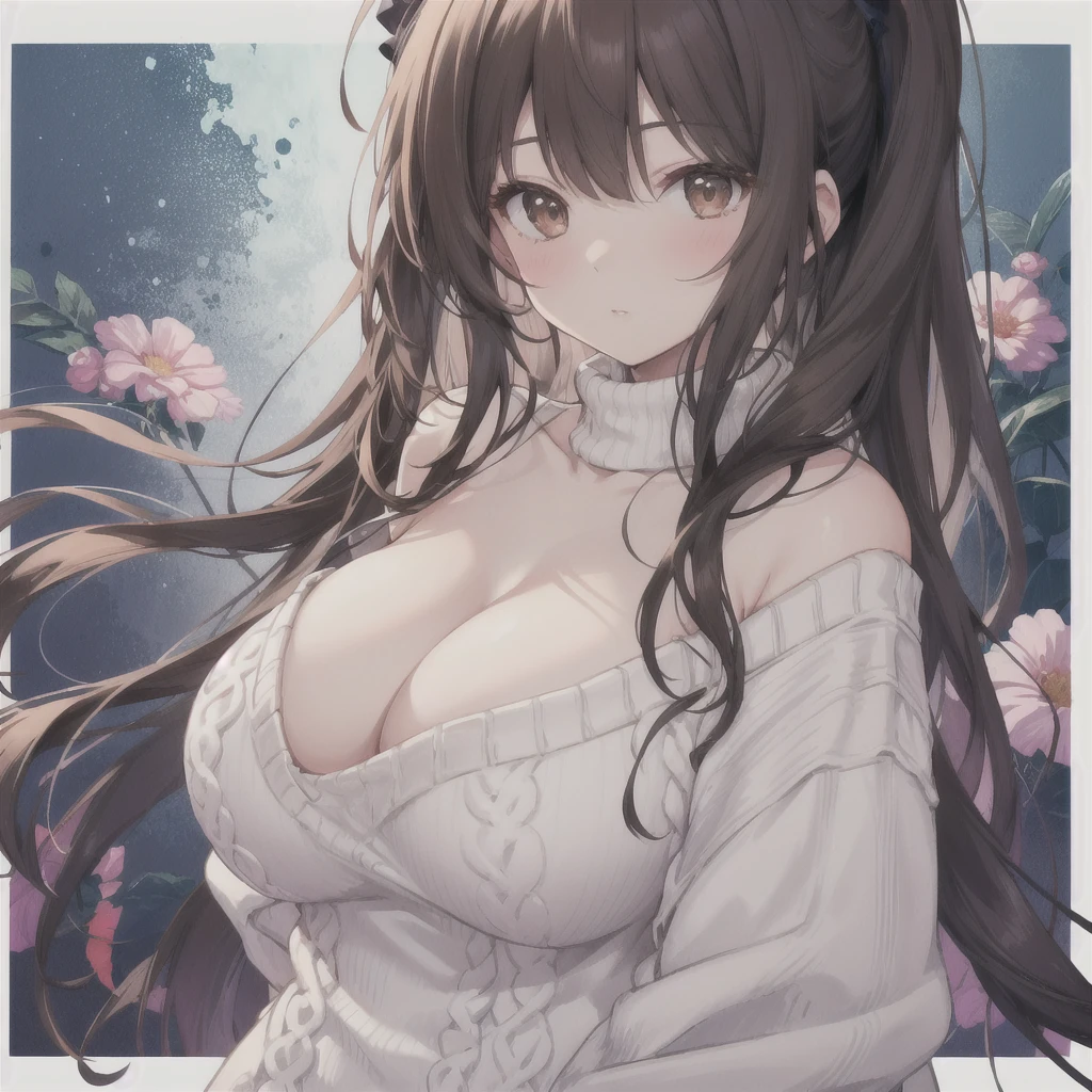 Very detailed CG Unity 16K 壁紙,Highest quality, grow, Very detailed, Super detailed, 8K, ,Super detailed (Mature Girl 1,Big huge breasts:1.2), Large Breasts, (Naked sweater,Tight virgin killer sweater:1.2),Upper body half naked,No bangs、Brown Hair、Long Hair、From the chest up、Put on a jacket over a brown knit、20-year-old woman、
