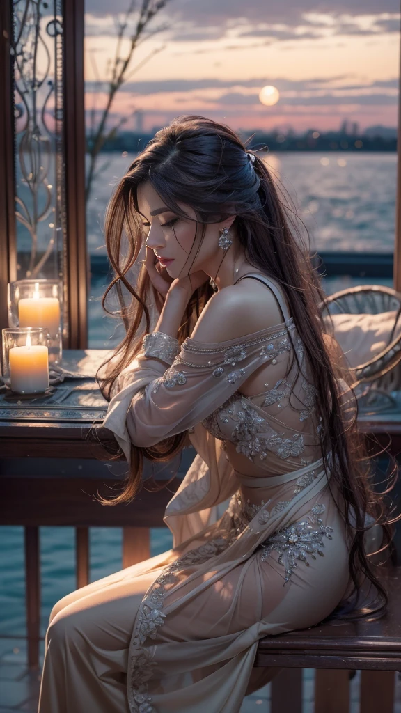 (32k:1.5, Highest quality, masterpiece, Ultra-high resolution), Professional camera work:1.6, Very detailedな肌と顔の質感:1.3, Captivating portrait, Very accurate, Very detailed, 1 adult female, ((Amazing night view from the rooftop:1.4, The moonlight at night illuminates my body)), (Satin Nightgown:0.7), Incredibly slim body, Fair skin, elegant, Expressions of sadness, (Big eyes that exude beautiful eroticism:0.8, A dreamy look:1.0, I love you with all my heart:0.8, Open your mouth a little, lipstick, Feel the beautiful eroticism:0.9), (Wet dark brown medium length hair), Sensual sitting position, Candles, The chest is medium, Earrings, necklace, bracelet, (romantic, dramatic, mysterious), Object of admiration, Artistic, Innovative, attractive, sense of openness, sense of cleanliness, Heartful, Fancy, exciting, Extreme, Tilt, ((Adult charm, Feminine charm, Hair blowing in the wind))