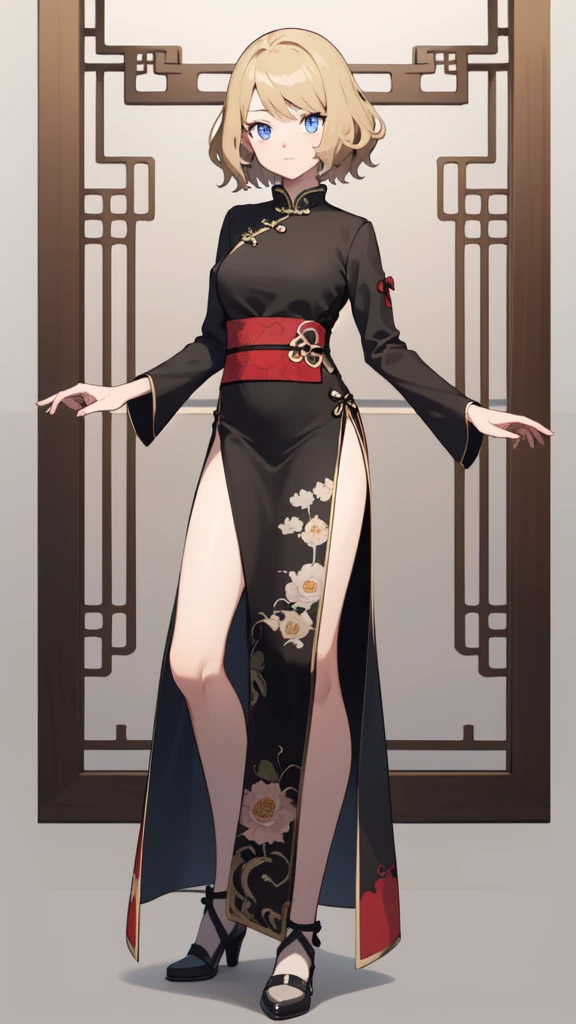 gonzarez, masterpiece, Serenaj, 1girl, solo, blue eyes, blonde hair, short hair, Chinese dress, full body