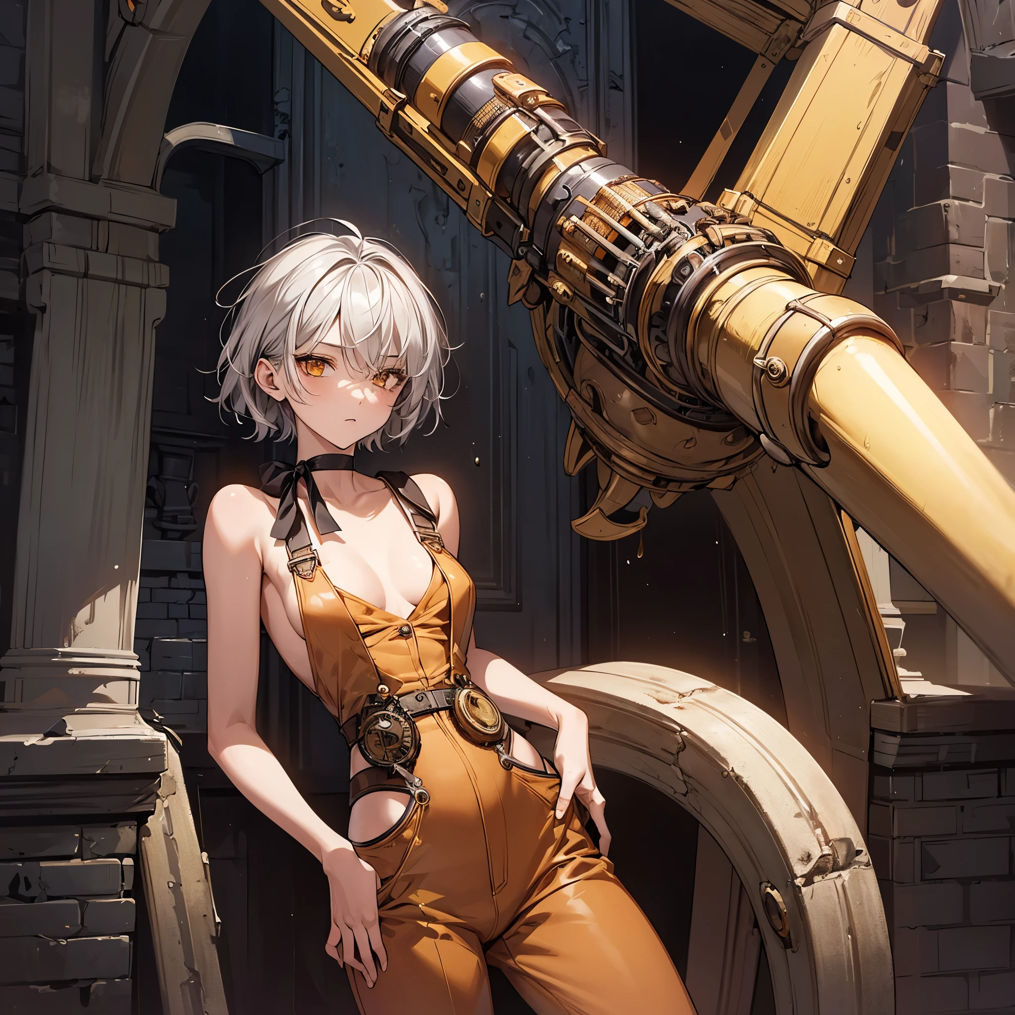 masterpiece, Highest quality, Perfect Face, Highest Resolution, Highest quality,Detailed depiction of the eyes, 1 girl, young, slender body, Short, deep tan skin, slate gray hair, short hair, upturned eyes, Yellow Orange eyes, Perfect Anatomy, steampunk, ribbon choker, coveralls, undercity Brick Sewer pipes,