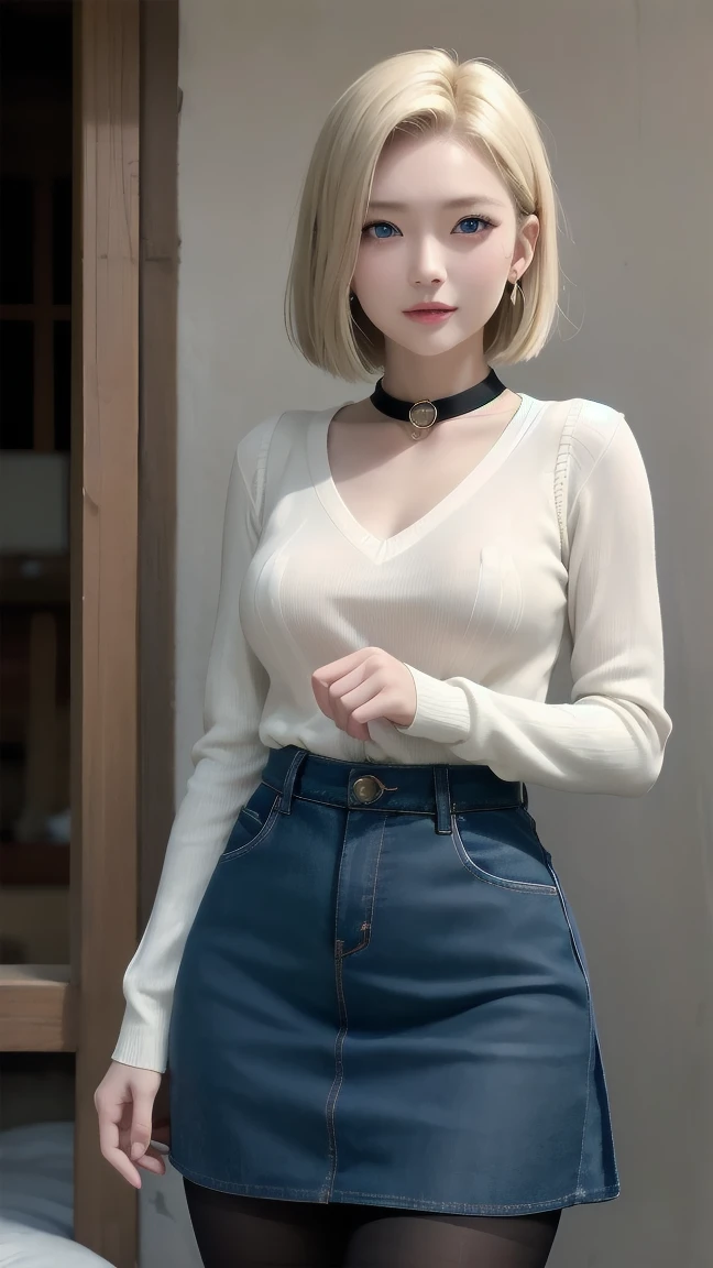 wallpaper，32k,Android 18, Blonde hair, blue eyes, eyelash, earrings, short hair, earrings带,Collar，Sweater vest， shirt, 胸前的pocket, (Pantyhose)，handbag，clavicle,Fierce eyes， Pleated Skirt, high waist skirt, Jewelry, Long sleeve, pocket, shirt, ((eternal)), ((Happy and shy))， shirt tucked in 裙子, Japanese Attractions Background
