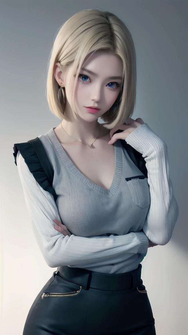 wallpaper,32k,Android 18, Blonde hair, blue eyes, eyelash, earrings, short hair, earrings带,Collar,Sweater vest, shirt, 胸前的pocket, (Pantyhose),handbag,clavicle,Fierce eyes, Pleated Skirt, high waist skirt, Jewelry, Long sleeve, pocket, shirt, ((eternal)), ((Happy and shy)), shirt tucked in 裙子, Japanese Attractions Background