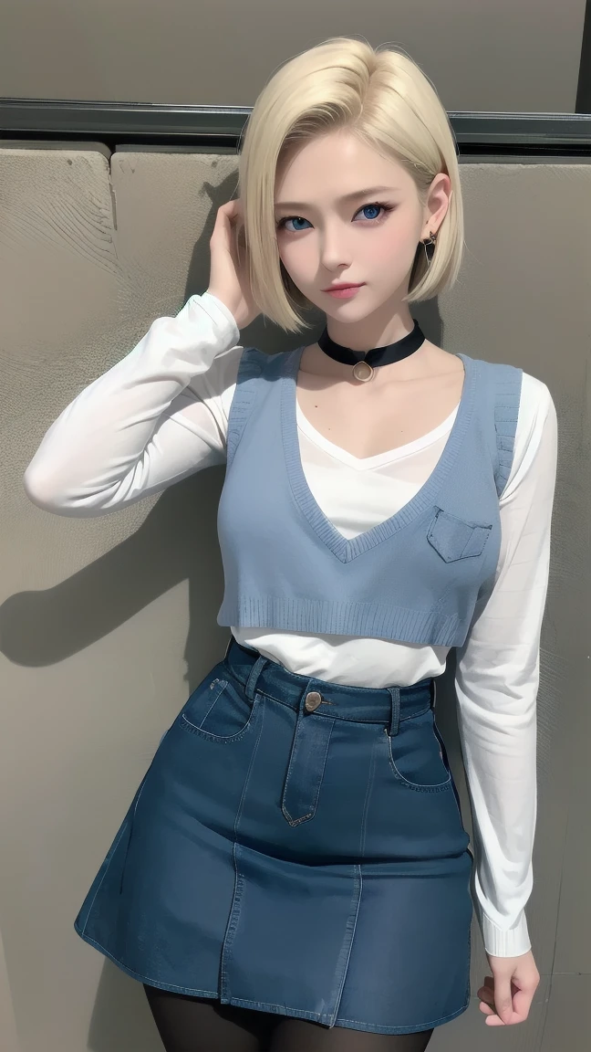 wallpaper,32k,Android 18, Blonde hair, blue eyes, eyelash, earrings, short hair, earrings带,Collar,Sweater vest, shirt, 胸前的pocket, (Pantyhose),handbag,clavicle,Fierce eyes, Pleated Skirt, high waist skirt, Jewelry, Long sleeve, pocket, shirt, ((eternal)), ((Happy and shy)), shirt tucked in 裙子, Japanese Attractions Background