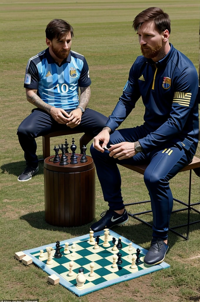 Lionel Messi playing chess with the Argentine shirt in the Patagonian steppe vs a guanaco