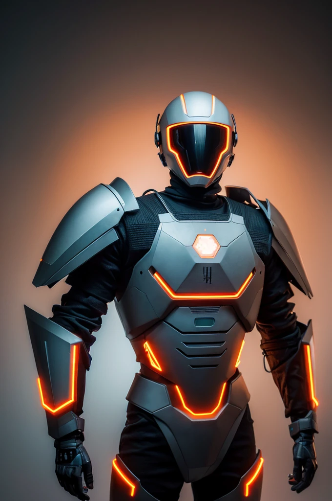 Man wearing futuristic sci-fi armor,helmet,Gray armor,Orange light