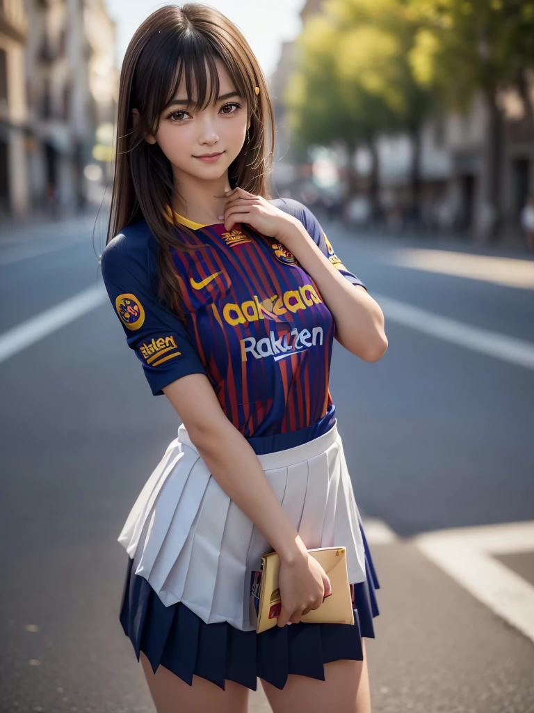 (8K, RAW Photos, Highest quality, masterpiece:1.2), (Realistic, photo-Realistic:1.4), (Highly detailed 8K wallpapers), ((Full Body Shot)), (1 girl), Sharp focus, Depth of written boundary, Cinematic lighting, Soft Light, 緻密な美しさのeye, eye_Chan, Very beautiful 17 year old girl, innocent big eyes, Realistic, photo Realistic, Highly detailed cute girl, (Thin thighs), (Model Body Type), (((FC Barcelona soccer jersey))), ((Micro Mini Pleated Skirt)), (((Fold your arms in front of your chest and act arrogantly))), ((A happy smile)), Parted lips, Watching the audience, (On the streets of Spain) , (Brown Hair),（Long Bob Hair), (Asymmetrical bangs)
