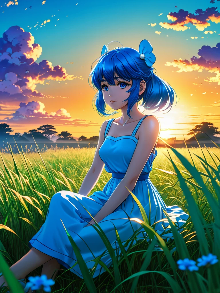 anime landscape of A pearl smurfs blue classic RUF SCR sits in a field of tall grass with a sunset in the background.beautiful anime scene, beautiful anime peace scene, Makoto Shinkai Cyril Rolando, beautiful anime scene, amazing wallpaper, anime art wallpaper 8k, anime background, artistic anime background, anime wallpaper 4k, anime art 4k wallpaper, anime wallpaper art 4k,