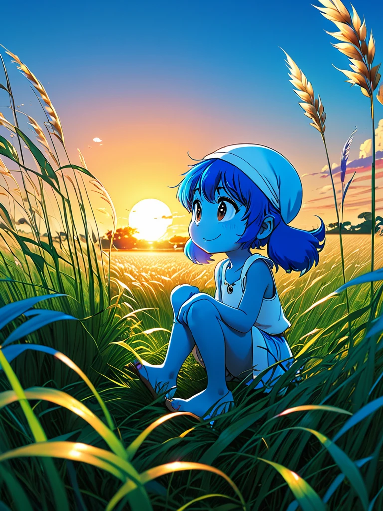 anime landscape of A pearl smurfs blue classic RUF SCR sits in a field of tall grass with a sunset in the background.beautiful anime scene, beautiful anime peace scene, Makoto Shinkai Cyril Rolando, beautiful anime scene, amazing wallpaper, anime art wallpaper 8k, anime background, artistic anime background, anime wallpaper 4k, anime art 4k wallpaper, anime wallpaper art 4k,