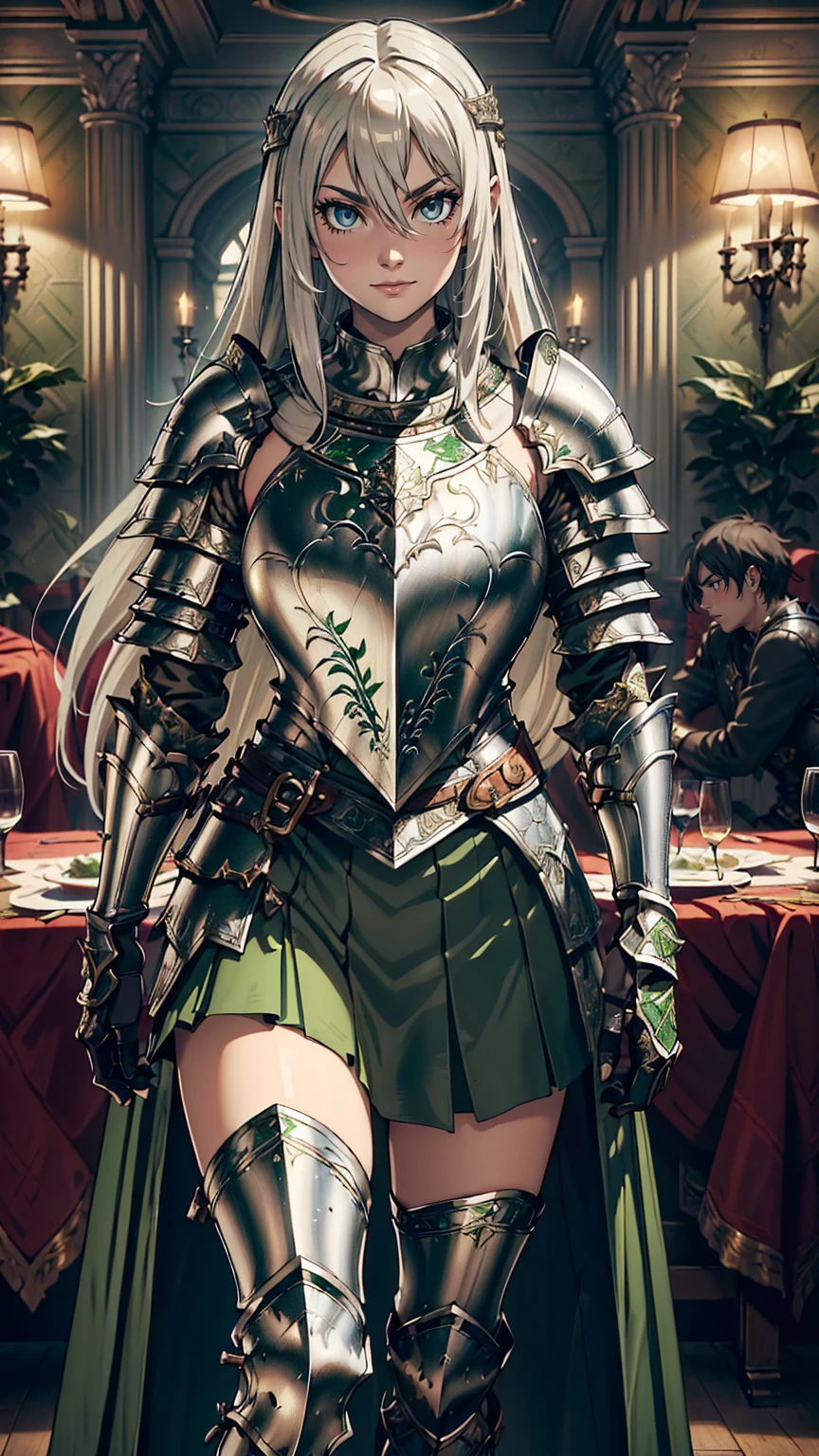 最high quality、Ultra High Definition, Ultra High Quality, Hyper Definition, Hyper Quality, Hyper Detailed, Extremely Detailed, Perfectly Detailed, Best image quality、masterpiece、woman((20-year-old、super dynamic pose , legs bent at the knees, Green solid eyes, Silver long Hair、Disheveled Hair、Long White Hair、thin,  Glove、Green Skirt, Noble Armor, Smirk、Detailed Cuirass , Dressed in Full Coverage Noble Plate Armor)),high quality、Beautiful art、background((Inside the mansion))、Written boundary depth、  movie、Visual Arts、Perfect art、8K,Genuine、