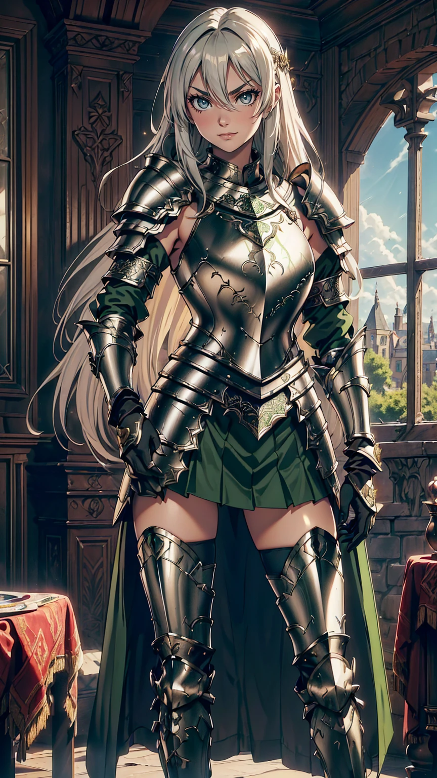 最high quality、Ultra High Definition, Ultra High Quality, Hyper Definition, Hyper Quality, Hyper Detailed, Extremely Detailed, Perfectly Detailed, Best image quality、masterpiece、woman((20-year-old、super dynamic pose , legs bent at the knees, Green solid eyes, Silver long Hair、Disheveled Hair、Long White Hair、thin,  Glove、Green Skirt, Noble Armor, Smirk、Detailed Cuirass , Dressed in Full Coverage Noble Plate Armor)),high quality、Beautiful art、background((Inside the mansion))、Written boundary depth、  movie、Visual Arts、Perfect art、8K,Genuine、