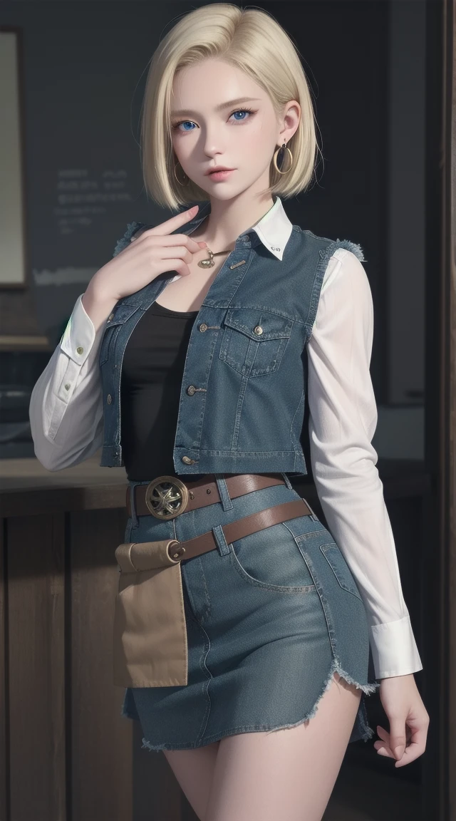Android 18, Blonde hair, blue eyes, eyelash, Hoop Earrings, short hair, Earring straps, Pantyhose, Collar,shirt, 胸pocket, clavicle, denim, denim skirt, Cowboy shooting,ハイウエストskirt, Jewelry, Long sleeve, pocket, shirt, shirt tucked in, skirt, Striped, Striped sleeves, Vest,The right move,Japanese Attractions Background