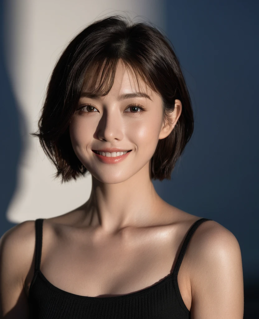 (Canon RF85mm f/1.2,best quality,Reality:1.4,light),Best quality，masterpiece，Ultra-high resolution，(Realism:1.5)，original photo，1 Girl，Lower shoulder，in the darkness，Deep Shadows，Low profile，Cold Light，Attractive appearance，short hair，Half-length photo，Smiling