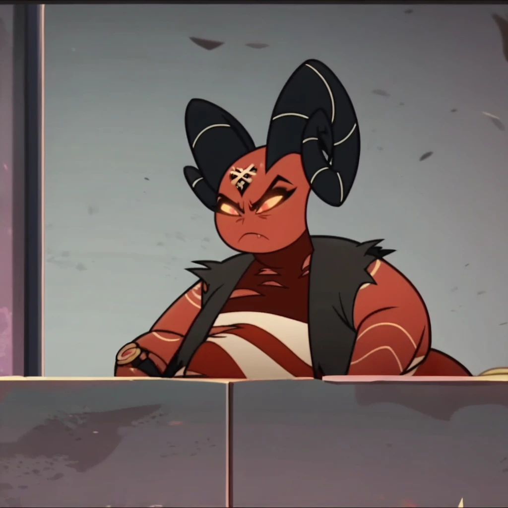 barbie wire, 1girl, demon girl, red skin, forehead tattoo, arm tattoos, horns, striped dress, leather jacket, screencap, front facing view, (obese:1.5), closed mouth,