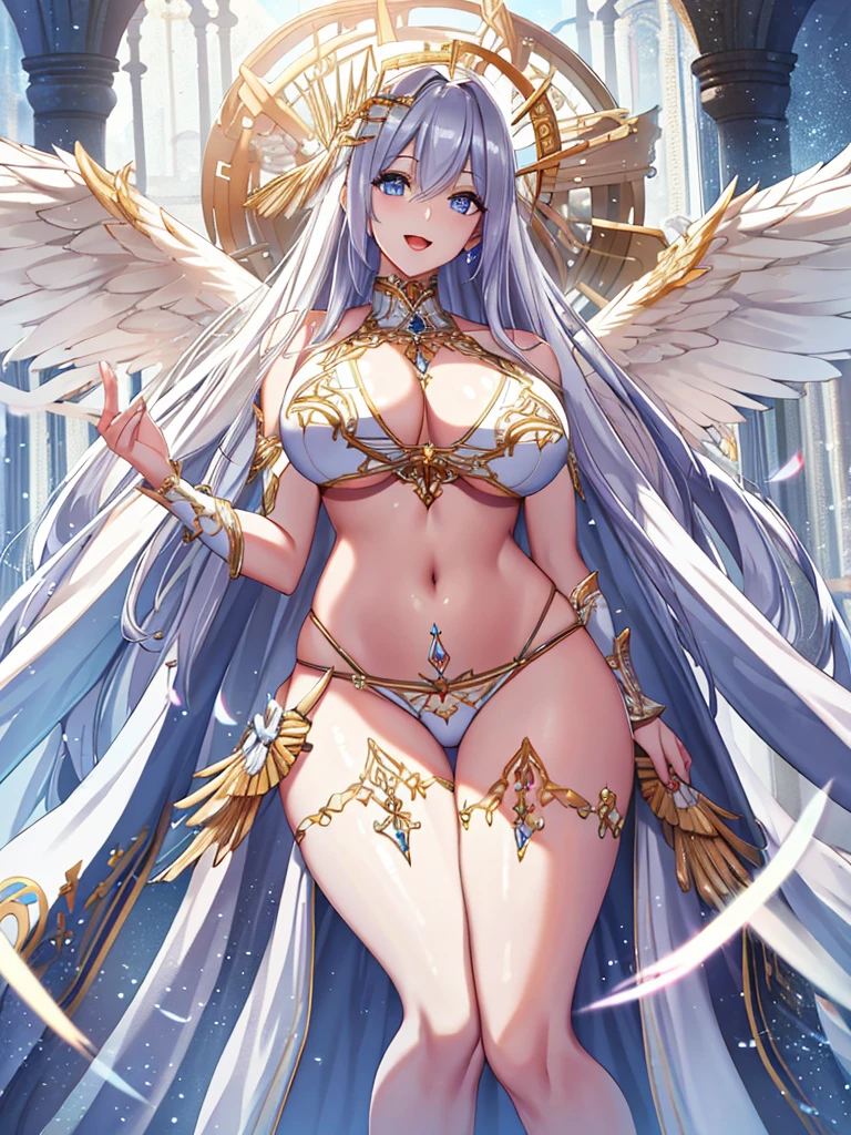 A beautiful priestess in a white bikini,Valkyrie,Angle looking up from below、、Angel Wings,belly button,Complex,Particles of light,Thighs,Shiny skin,Big Mouth、Long legs、Perfect lighting, One adult woman, Open Mouth Smile、(Highest quality), maternal, Porcelain-like skin, Honey Blonde Hair,Detailed blue eyes、Very long straight hair