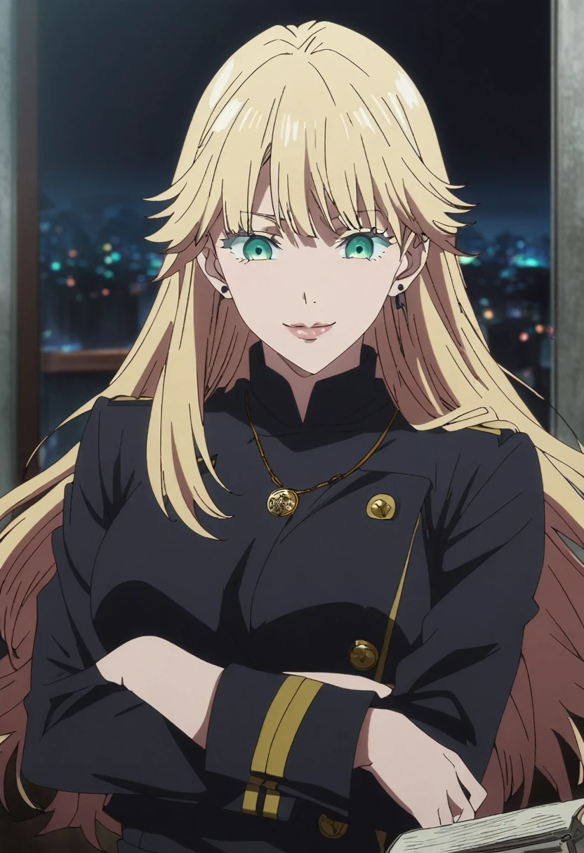 1girl, female gojo satoru, anime screencap from jujutsu kaisen, gojo satoru female version, solo, long_hair, Green eyes ((Blonde_hair)), night view, breasts, upper_body, smile, indoors, book, green_eyes, lips, ([[Straight Hair]]) ((wearing black colour uniform with button)) breast, "very detailed and high resolution" (Green eyes) (cross arms)  ((long hair)) ((solo)) (front view)(necklace) (earings) ((high resolution)) ((good quality)) ((layered hair))