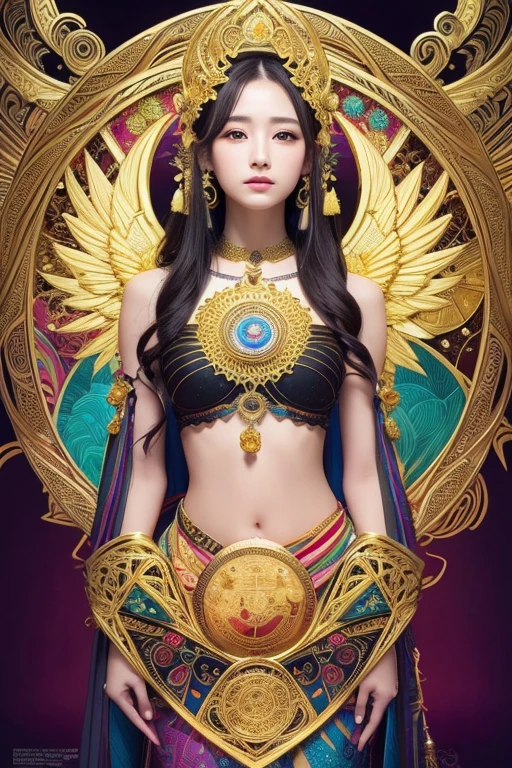 (masterpiece, Highest quality, Highest quality, Official Art, beautiful and aesthetic:1.2), (One girl), Very detailed,colorful,Most detailed, Official Art, unity 8k wallpaper, Super detailed, beautiful and aesthetic, beautiful, masterpiece, Highest quality, (zenTangle, Mandala, Tangle, enTangle) 、,Gold foil,Gold leaf art,Sparkly Painting, Perfect NwsjMajic、Has a large crystal、Amaterasu Omikami、Angel、fortune teller、Love Advice、Golden Room、 information