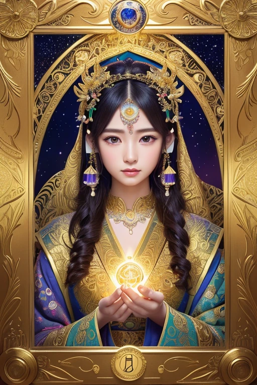 (masterpiece, Highest quality, Highest quality, Official Art, beautiful and aesthetic:1.2), (One girl), Very detailed,colorful,Most detailed, Official Art, unity 8k wallpaper, Super detailed, beautiful and aesthetic, beautiful, masterpiece, Highest quality, (zenTangle, Mandala, Tangle, enTangle) 、,Gold foil,Gold leaf art,Sparkly Painting, Perfect NwsjMajic、Has a large crystal、Amaterasu Omikami、Angel、fortune teller、Love Advice、Golden Room、 information