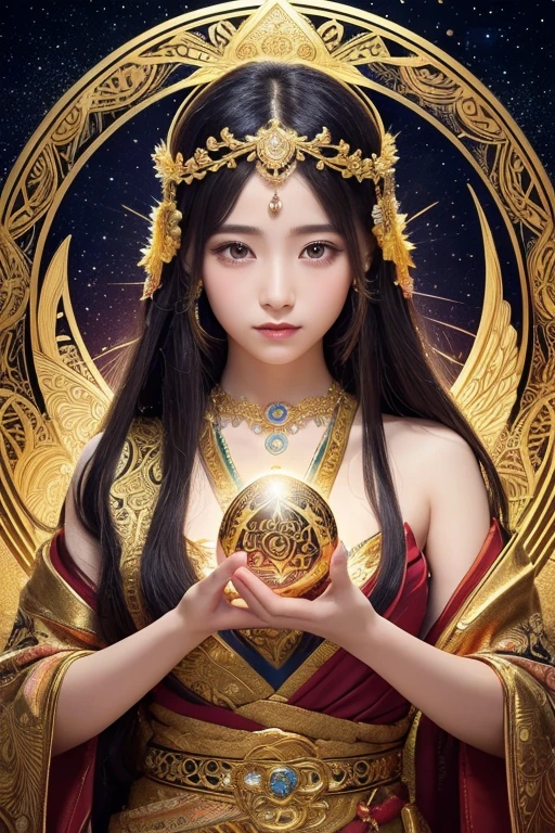 (masterpiece, Highest quality, Highest quality, Official Art, beautiful and aesthetic:1.2), (One girl), Very detailed,colorful,Most detailed, Official Art, unity 8k wallpaper, Super detailed, beautiful and aesthetic, beautiful, masterpiece, Highest quality, (zenTangle, Mandala, Tangle, enTangle) 、,Gold foil,Gold leaf art,Sparkly Painting, Perfect NwsjMajic、Has a large crystal、Amaterasu Omikami、Angel、fortune teller、Love Advice、Golden Room、 information