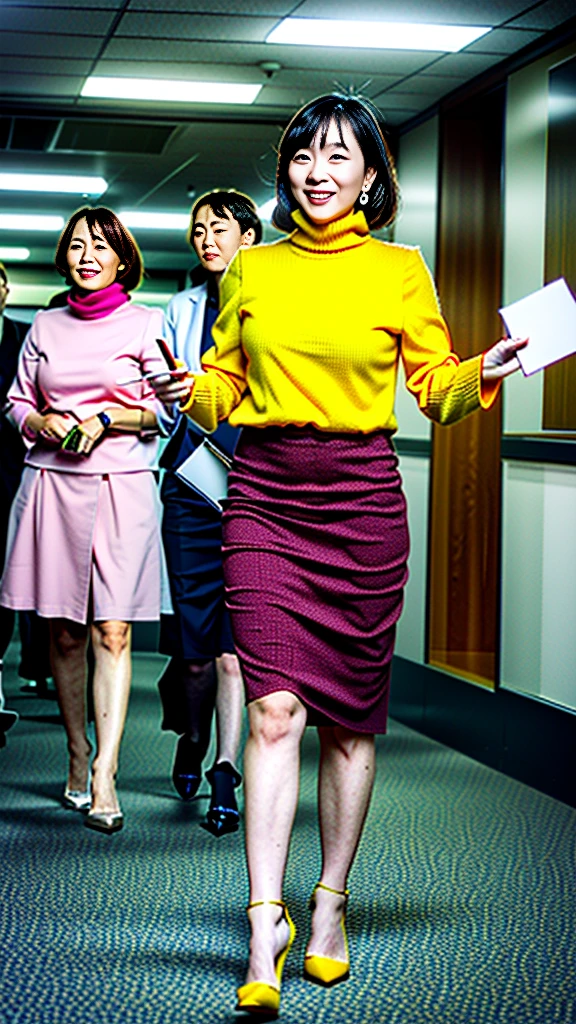 5 baby sisters on the street, light pink clothes (no cleavage)（Best Quality, Masterpiece, Photo realistic, Ultra Detailed, ultra high res, raw:1.3), (5girls:1.3), beautiful, Japanese, mature, 28yo, office workers, (turtle neck knit, short skirt), ({gold| silver| wine red| navy| pink| yellow} clothes), (smile), (bangs), high-waist, necklace, (office, indoor, hallway), (long legs, high heels, full body:1.2), (big breasts:1.3), (crowd)