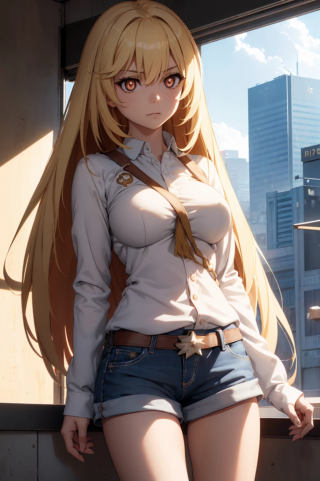 NSFW Highest quality, (masterpiece:1.2),{{Shirt lift}}　{{{{{topless}}}}＋＋,misaki shokuhou　 blonde, 　Shorts, White knee socks, Destroy Outdoor, city, null, sun, cloud, 壊す looking at viewer, (Cowboy Shot:1.5), Breaking long hair, (Symbol-shaped pupil:1.5)＋＋, (Big Breasts), (masterpiece:1.2), Highest quality, High resolution, unity 8k wallpaper, (shape:0.8), (Beautiful attention to detail:1.6), Highly detailed face, Perfect lighting, Extremely detailed CG, (Perfect hands, Perfect Anatomy),　Bedroom　Mood lighting　白いShorts