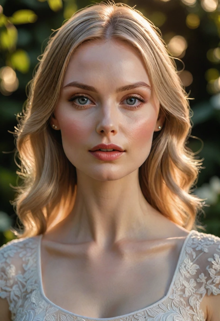 a photorealistic portrait of a young woman with 100% facial similarity to sophie ellis-bextor, extremely detailed eyes and face, beautiful detailed lips, longeyelashes, perfect skin, blonde hair, wearing a white dress, outdoor garden setting, golden hour lighting, highly detailed, masterpiece, ultra-detailed, 8k, photorealistic