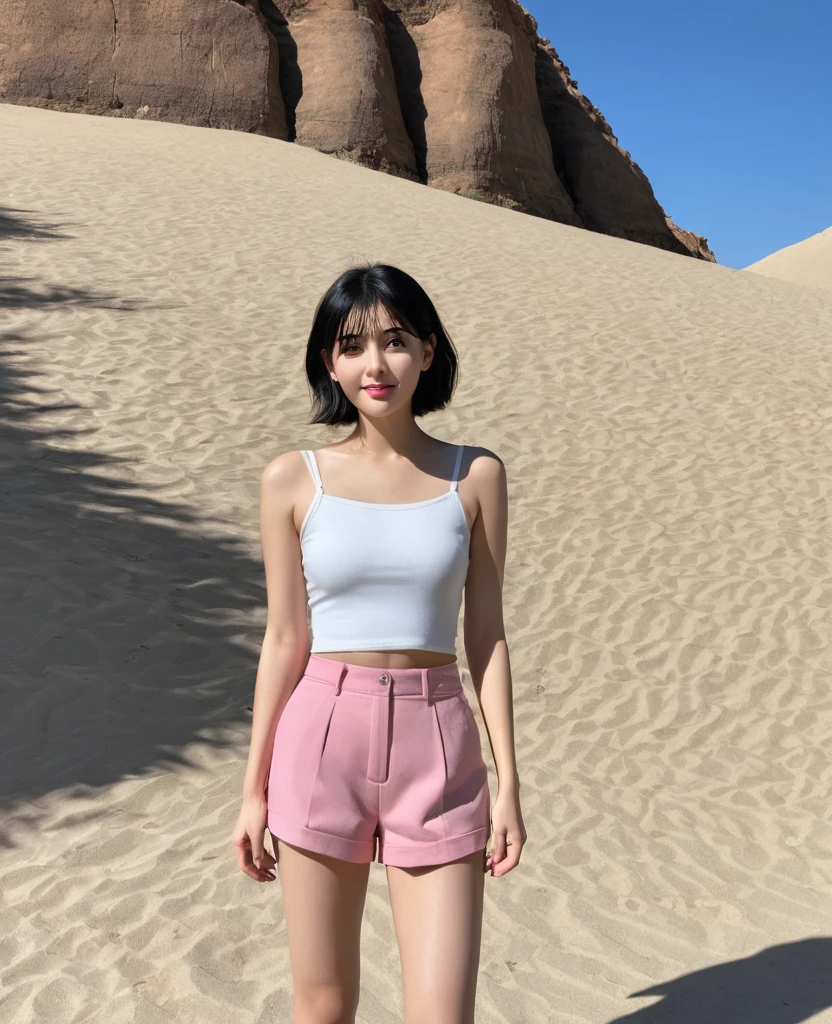 (Canon RF85mm f/1.2,best quality,Reality:1.4,light),Best quality,masterpiece,Ultra-high resolution,(Realism:1.5),original photo,A girl,(Alone),masterpiece,high quality,最high quality,Fine line art,Highly detailed,A girl,Black short hair,low collar,Romantic scene,In the desert,Pink shorts,Smiling