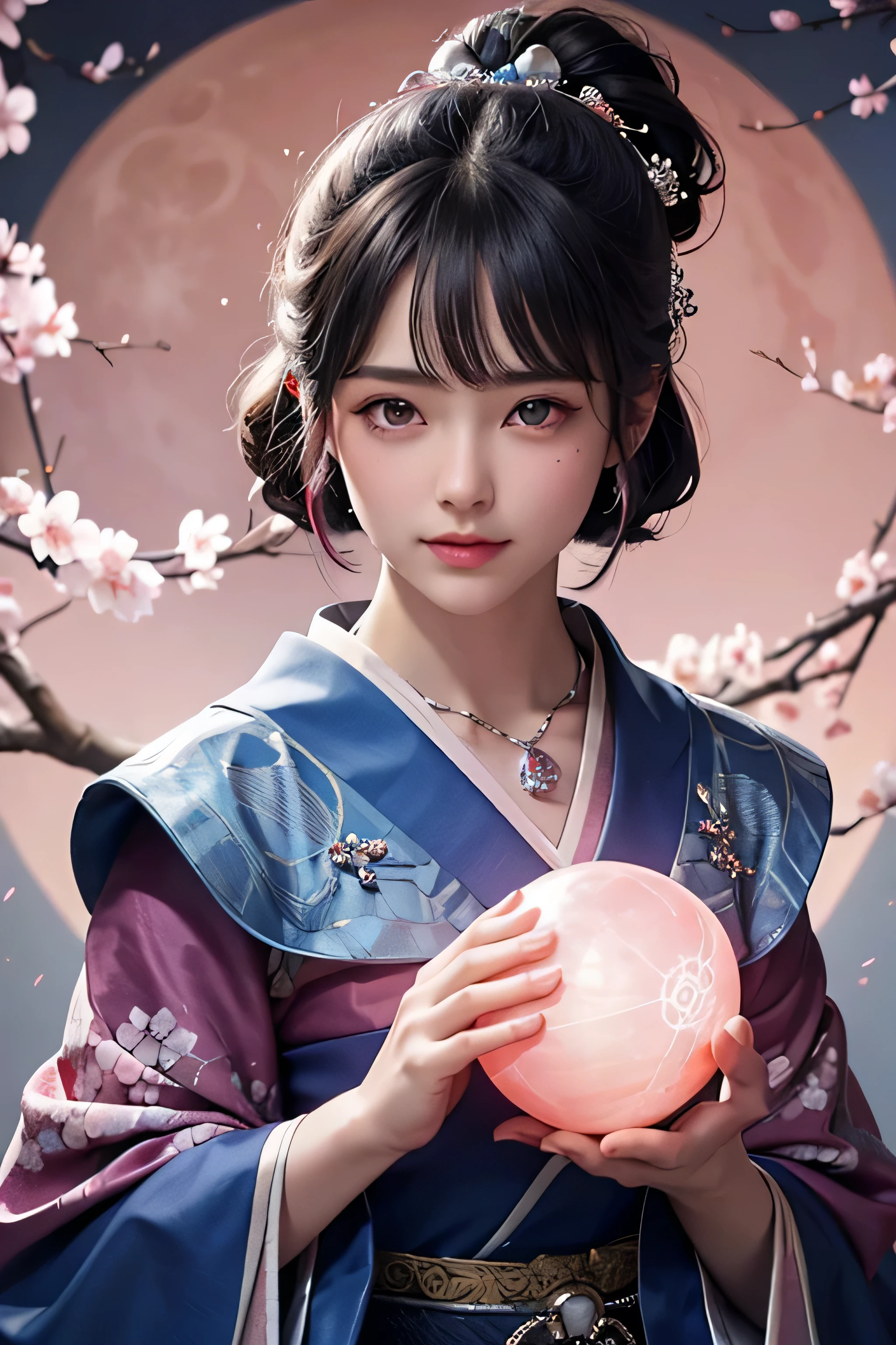 (Holding a glowing blue crystal ball in each hand)),positive,Front configuration,Upper Body,((Observe the audience)),gorgeous red and black kimono,Cherry Blossom Hair Accessories,length, Short Hair, Silver Hair,Cherry Blossom Hair Accessories,Beautiful and delicate face,blush,Cherry pink eyes,Big eyes,Extremely fine resolution,Highest quality,(Pink Moon),mysterious,Cherry Blossoms at Night,Beauty