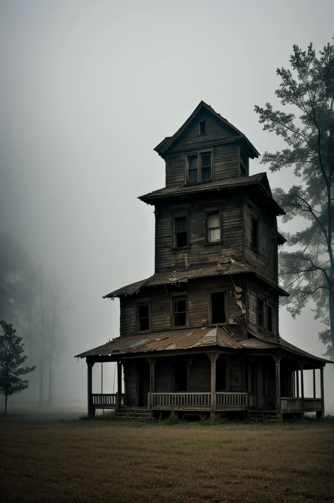 An old and abandoned house, wrapped in the mist of the night.