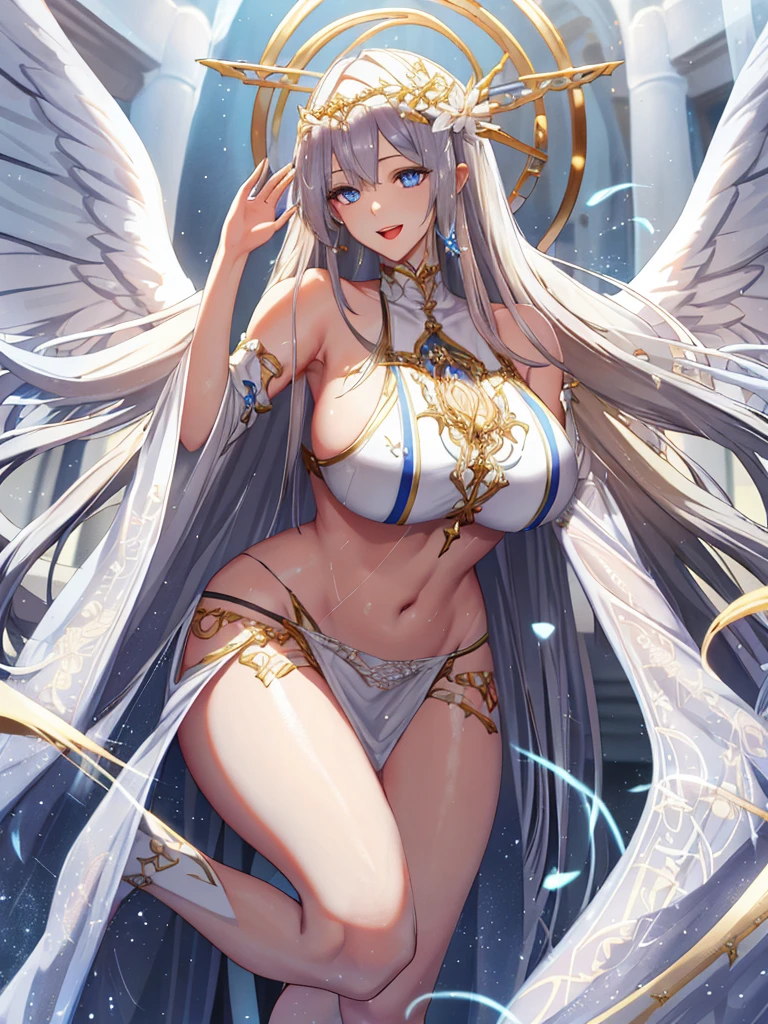 A beautiful priestess in a white bikini,Valkyrie,Angle looking up from below、Healing、Angel Wings,belly button,Complex,Particles of light,Thighs,Shiny skin,Big Mouth、Long legs、Perfect lighting, One adult woman, Open Mouth Smile、(Highest quality), maternal, Porcelain-like skin, Honey Blonde Hair,Detailed blue eyes、Very long straight hair