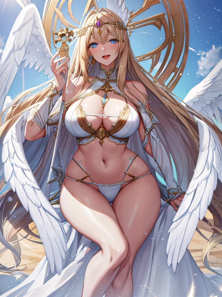 A beautiful priestess in a white bikini,Valkyrie,Angle looking up from below、Healing、Angel Wings,belly button,Complex,Particles of light,Thighs,Shiny skin,Big Mouth、Long legs、Perfect lighting, One adult woman, Open Mouth Smile、(Highest quality), maternal, Porcelain-like skin, Honey Blonde Hair,Detailed blue eyes、Very long straight hair