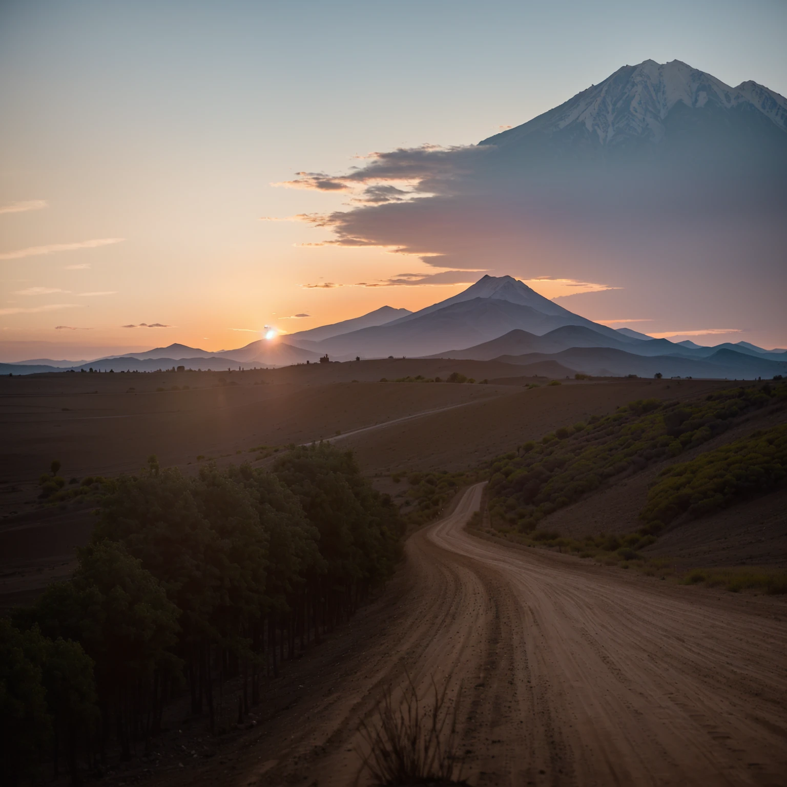 arafed Dirt Road with a mountain in the distance at sunset, sun rises between two mountains, Alexander Runciman, Dirt Road, Sunset in the valley, sunset in the distance, Heading towards the sunset, author：Alexander Robertson, Alexey Egorov, author：Andrei Kolkoutine, Shot with Sigma 2.0mm f/1.0. 4