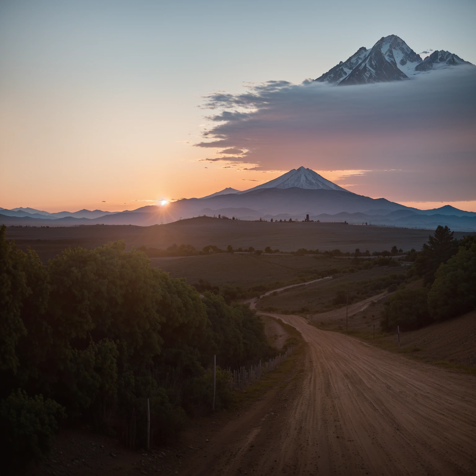 arafed Dirt Road with a mountain in the distance at sunset, sun rises between two mountains, Alexander Runciman, Dirt Road, Sunset in the valley, sunset in the distance, Heading towards the sunset, author：Alexander Robertson, Alexey Egorov, author：Andrei Kolkoutine, Shot with Sigma 2.0mm f/1.0. 4