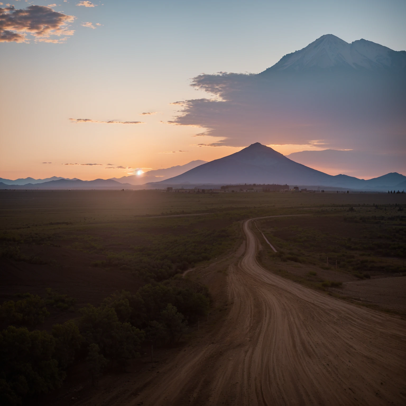 arafed Dirt Road with a mountain in the distance at sunset, sun rises between two mountains, Alexander Runciman, Dirt Road, Sunset in the valley, sunset in the distance, Heading towards the sunset, author：Alexander Robertson, Alexey Egorov, author：Andrei Kolkoutine, Shot with Sigma 2.0mm f/1.0. 4