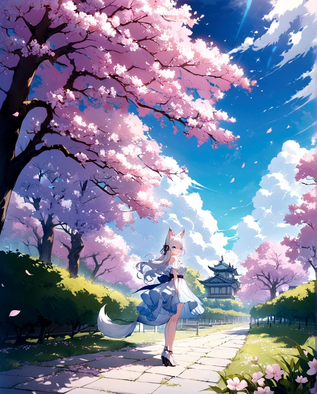 Scenery with A nekogirl princess ((neko ears)) ((fox tail)) white hair, bright light blue eyes, smile in foreground beautiful colours, trees , cherry blossom , High quality image, full details, nice colour, master peace, bright colours, clouds wallpaper, most beautiful blue sky and clouds