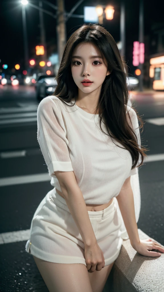 (best quality,16,000,high resolution,masterpiece:1.2),very detailed,(realistic,realistic,realistic:1.37),Korean Fashion Beauty,Japanese and Korean beauties,Cute and innocent,Eyes and face are detailed,beautiful and delicate lips,white teeth,long eyelashes,slime,The clothes are fashionable,shorts short skirts,plump upper circumference,big bust,split,(Beloved,sexy:1.1),colorful street background,stylish clothes and accessories,The texture of the clothes is soft,portrait style photography,vivid colors,Street lamp.