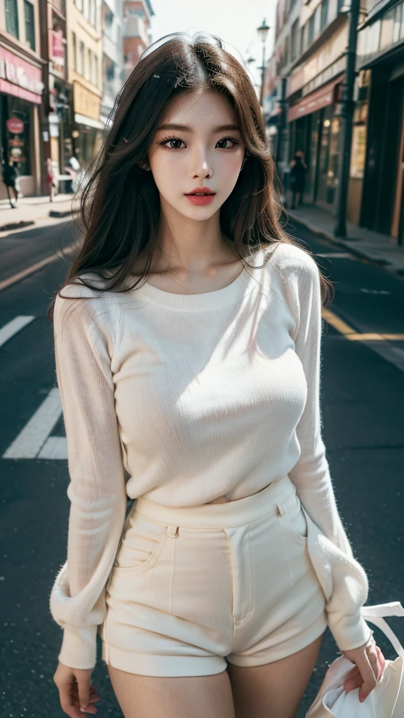 (best quality,16,000,high resolution,masterpiece:1.2),very detailed,(realistic,realistic,realistic:1.37),Korean Fashion Beauty,Japanese and Korean beauties,Cute and innocent,Eyes and face are detailed,beautiful and delicate lips,white teeth,long eyelashes,slime,The clothes are fashionable,shorts short skirts,plump upper circumference,big bust,split,(Beloved,sexy:1.1),colorful street background,stylish clothes and accessories,The texture of the clothes is soft,portrait style photography,vivid colors,Street lamp.
