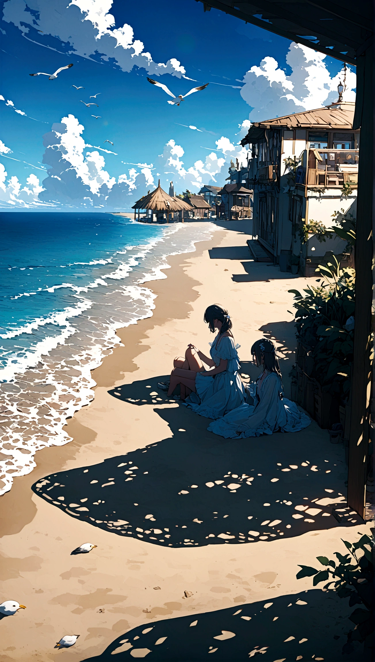 Generate a girl sitting on the sand on a beach cool breeze, blue sky, white clouds, seagull flying in the sky, sunlight, shadows of the objects,