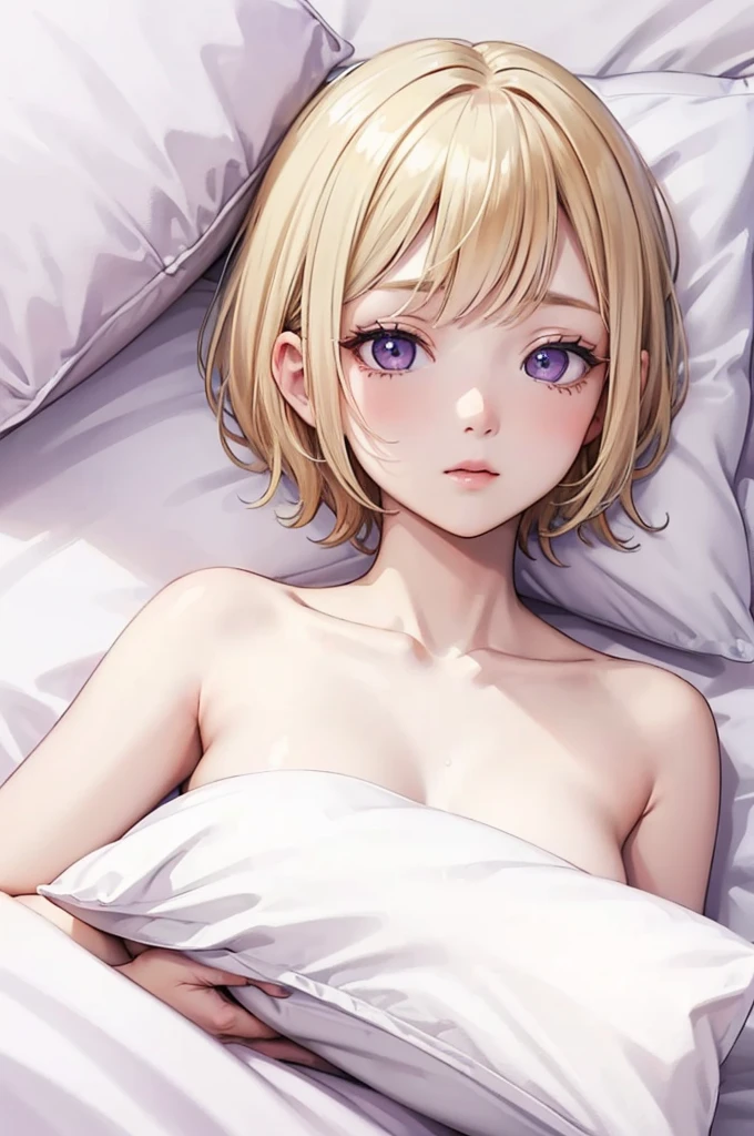blonde, short hair, girl1, sleep in bed, (White sheets:1.5), (White pillow:1.5),close up of face, completely nude, pale purple eyes,