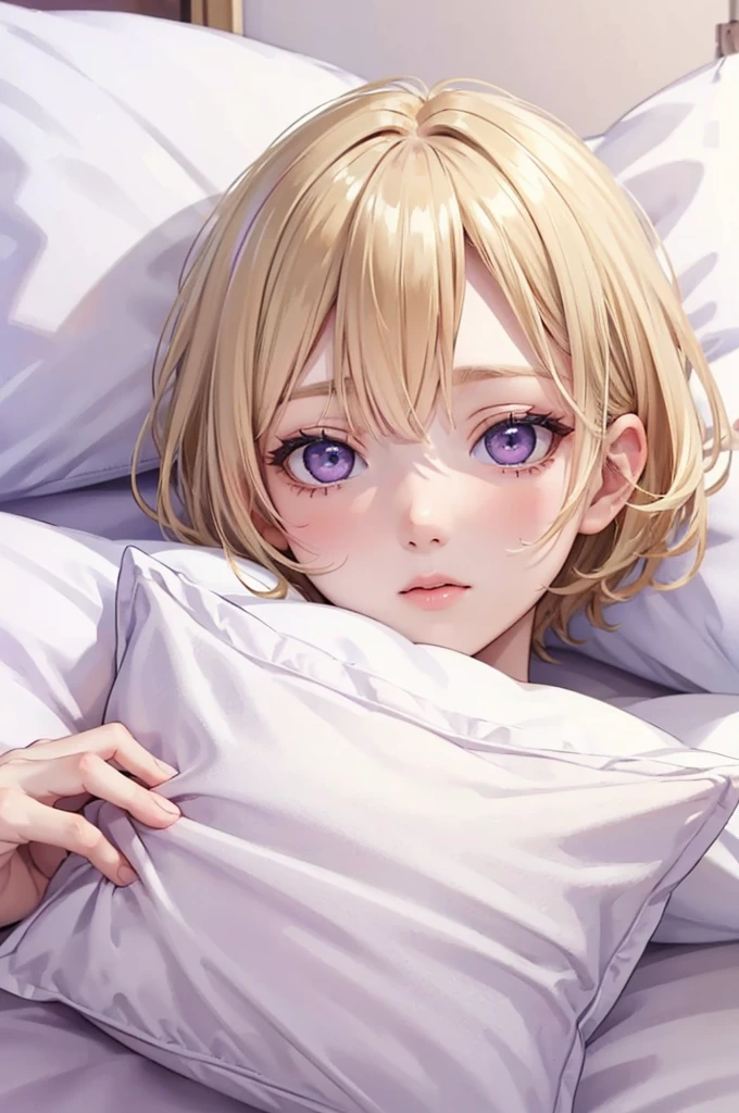 blonde, short hair, girl1, sleep in bed, (White sheets:1.5), (White pillow:1.5),close up of face, completely nude, pale purple eyes,