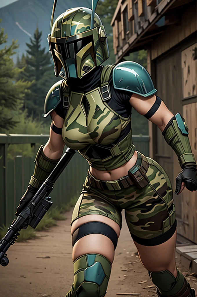Mandalorian female, Mandalorian girl, Mandalorian helmet, reinforced helmet, shorts, curvy, thick thighs, wide hips, slim waist, action pose, camo, camouflage, camo armor, firearm, weapon, rifle