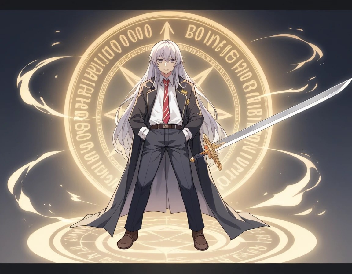 Wearing Darkness、1 personの女の子、White long hair、Purple left eye、Blue right eye、Odd Eye、wields the sword of darkness、闇のaura、Black Light、Rainbow light、Black long coat、White shirt、Black tie、Long trousers、suit、、1 person、Fantasy、aura、whole body、(high resolution)、(High resolution)、(Detailed)、8K、Many shining swords are stuck in it、cool、Girl、Magic Sword、Magic circle in the background、Scary face、Expressionless、Light comes out of the eyes、Standing in the wilderness with the sword piercing、Cool face、Left hand in pocket