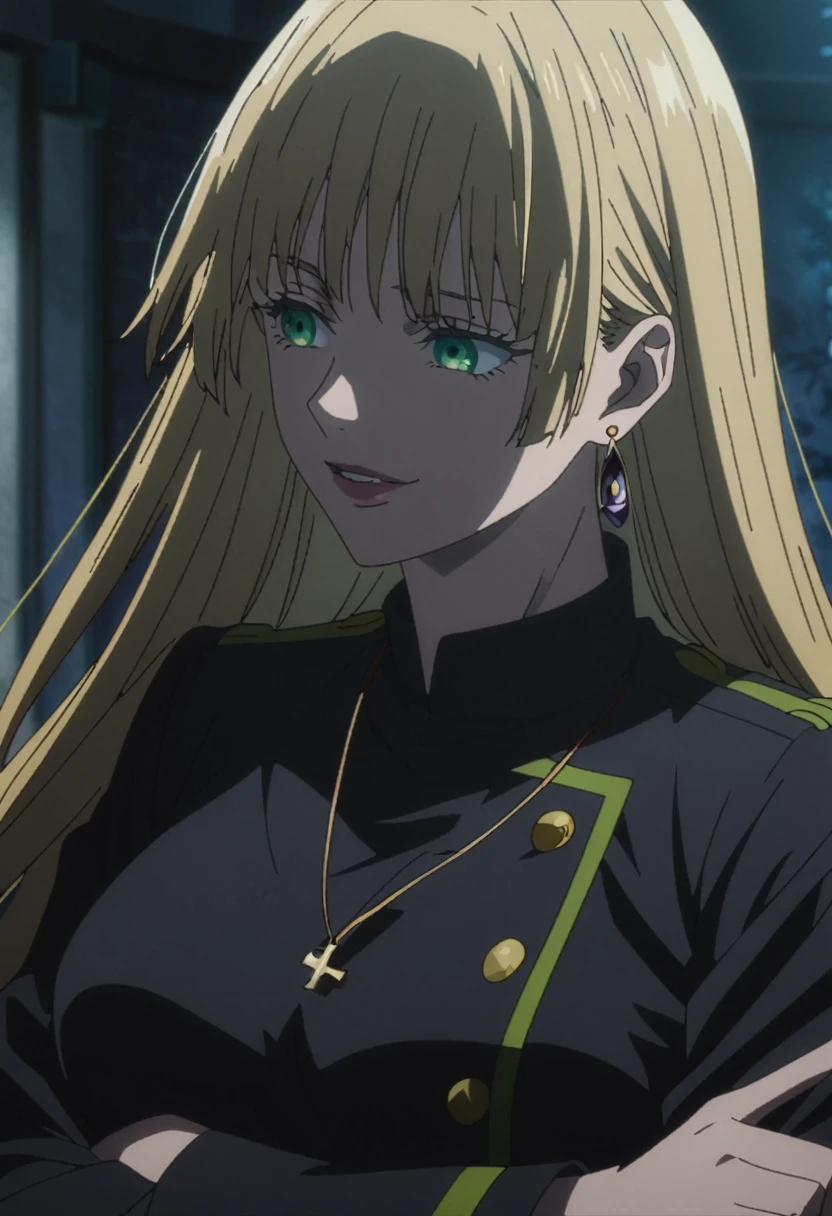 1girl, female gojo satoru, anime screencap from jujutsu kaisen, gojo satoru female version, solo, long_hair, Small Green eyes ((Blonde_hair)), night view, breasts, upper_body, smile, indoors, book, green_eyes, lips, ([[Straight Hair]]) ((wearing black colour uniform with button)) breast, "very detailed and high resolution" (Small Green eyes) (cross arms)  ((long hair)) ((solo)) (front view)(necklace) (earings) ((high resolution)) ((good quality)) ((layered hair))