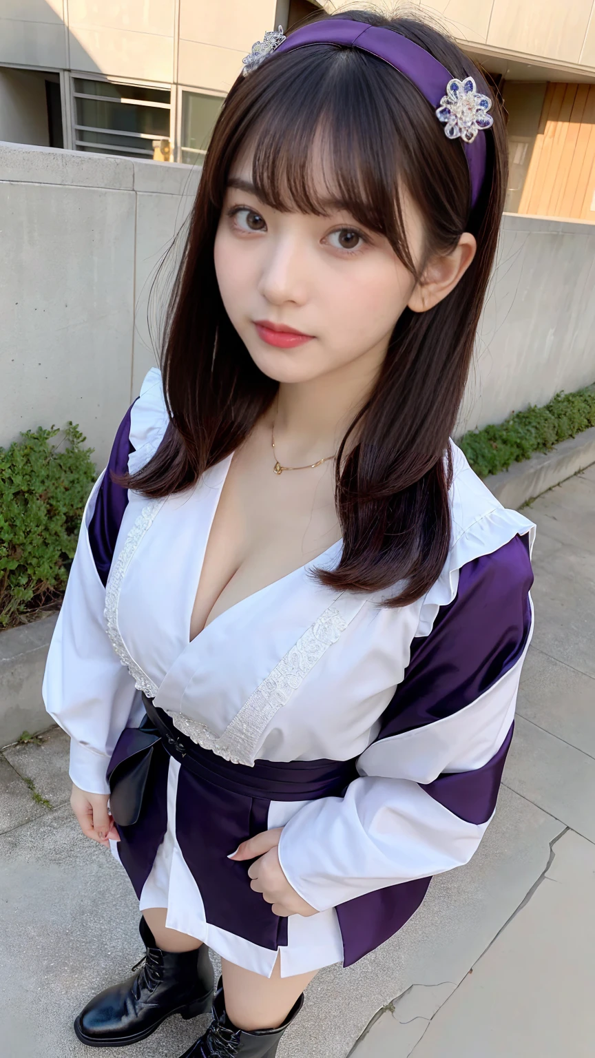 Urzan-6500-v1.1,  (RAW Photos:1.2), (Photorealistic), (Genuine:1.4), Elegant woman with a perfect figure: 1.3, Jet Black Hair、((Straight short bob hair with neatly trimmed ends、bangs、Red Hairband))、(She is wearing a deep purple furisode with an elegant pattern.:1.3)、Standing with the fan closed、Majestic Hall々, (A look full of murderous intent:1.2)、 Highly detailed face and skin, Beautiful Eyes, double eyelid,  Full Body Shot:1.2、Wearing short boots、(1 person:1.4)、Cleavage、18-year-old、Japanese、