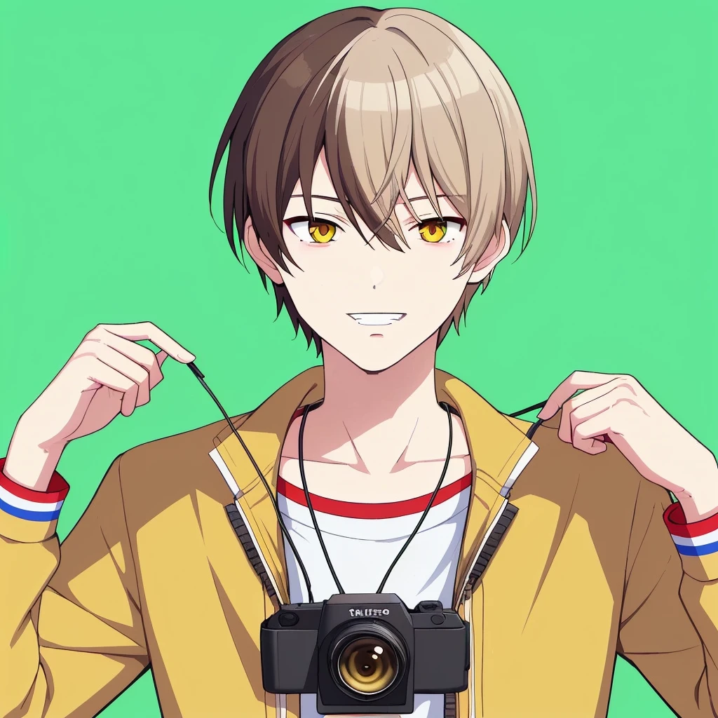 1boy, wolfcut brown hair, yellow eyes, wearing plain white t-shirt, cream bomber jacket, photo studio, absurdres, highres, ultrasharp, 8k, masterpiece, looking front at camera