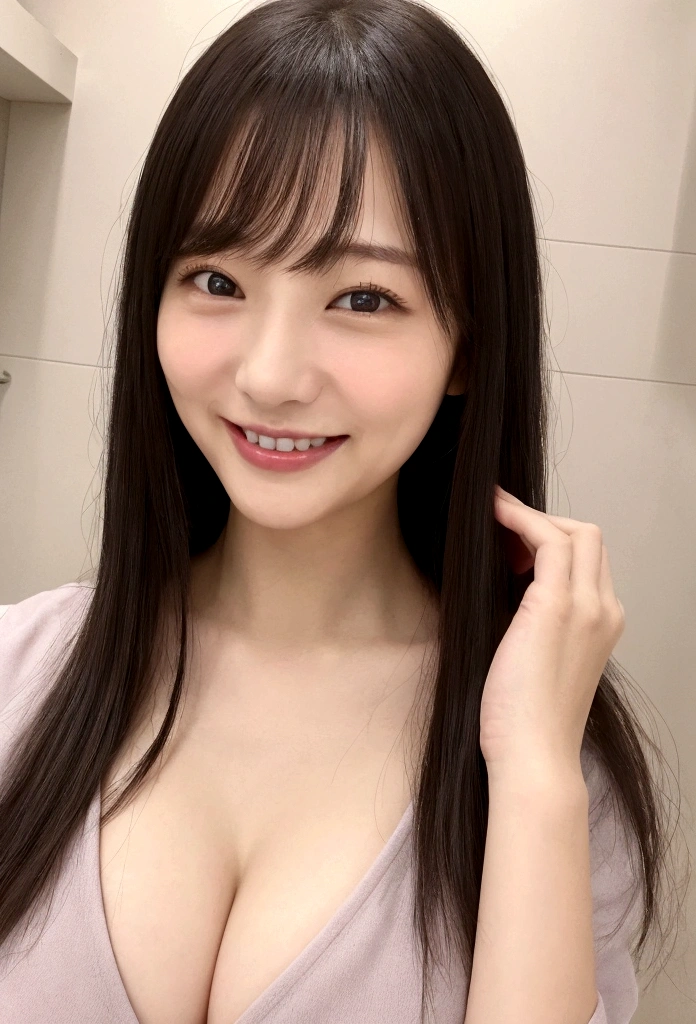 Guidance、Hands behind back、最高masterpiece、One girl, (Highest quality, 8K, 32k, masterpiece, Hmm.........: 1.2), Cute Japanese Woman:1.5, Big Breasts:1.5、かんだsmile:1.5、Completely naked:1.5、bed:1.5、Medium Hair:1.5、Large Breasts:1.5、Bathroom、Looking up、valley、smile、smile