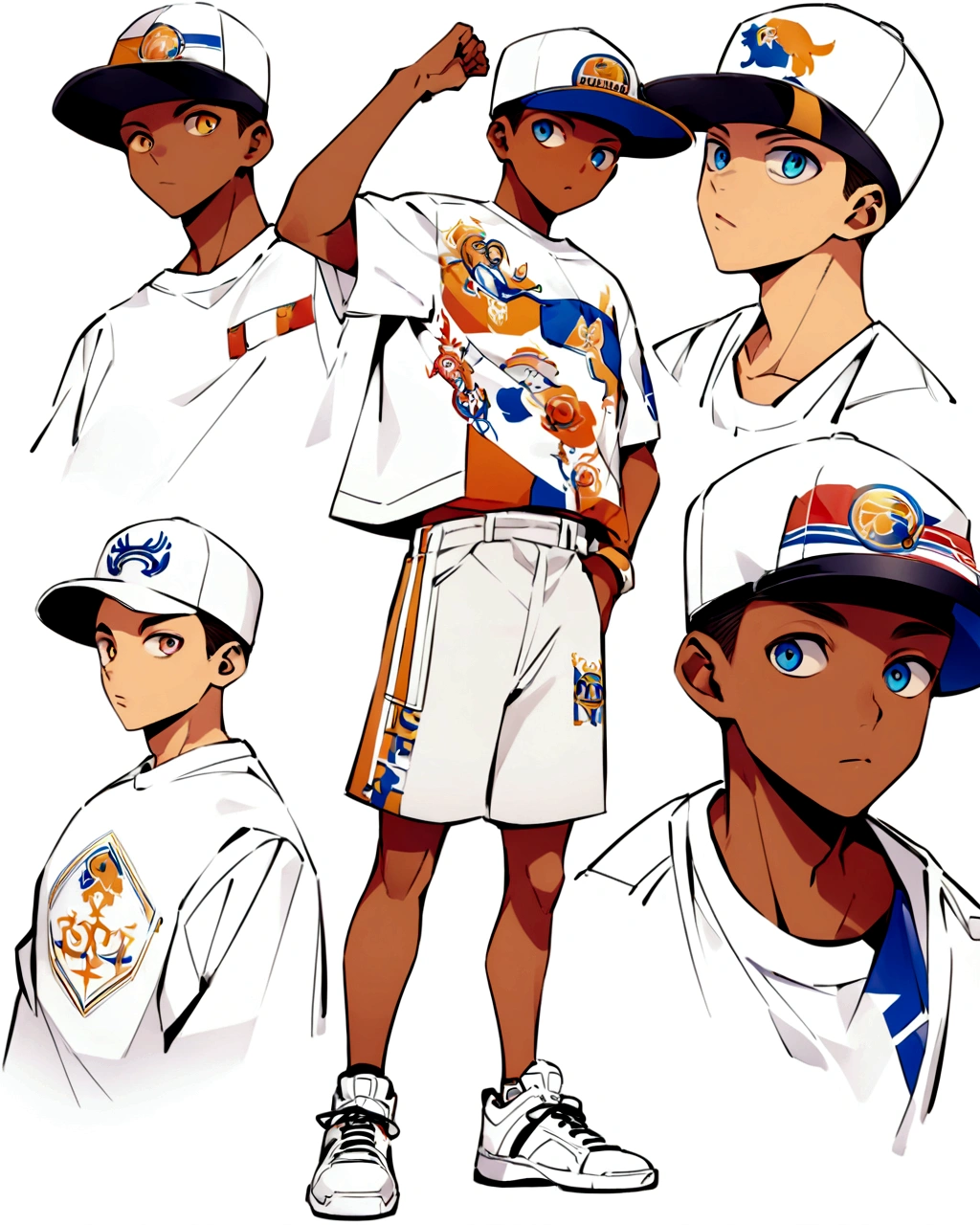 Create an anime-style illustration of a boy's character with a solid white color background. The boy should be wearing a hip-hop style cap, tan shorts, white sneakers, and a white t-shirt featuring his team's colors. The overall look should convey a trendy and sporty vibe."