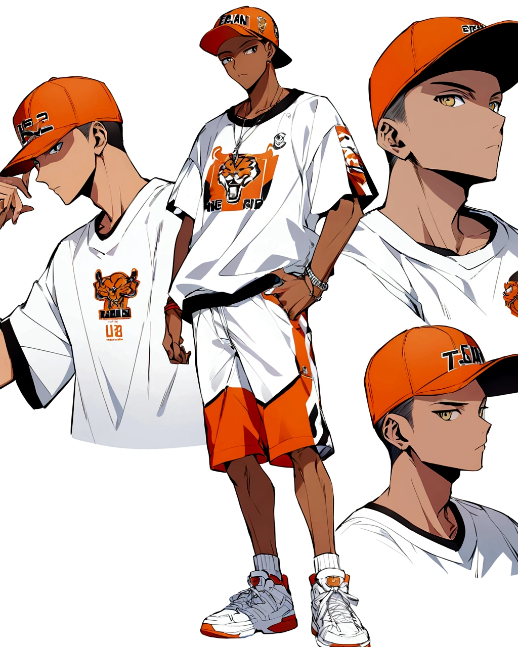 Create an anime-style illustration of a boy's character with a solid white color background. The boy should be wearing a hip-hop style cap, tan shorts, white sneakers, and a white t-shirt featuring his team's colors. The overall look should convey a trendy and sporty vibe."