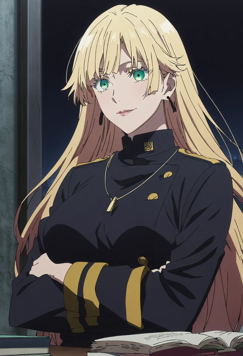 1girl, female gojo satoru, anime screencap from jujutsu kaisen, gojo satoru female version, solo, long_hair, Green eyes ((Blonde_hair)), night view, breasts, upper_body, smile, indoors, book, green_eyes, lips, ([[Straight Hair]]) ((wearing black colour uniform with button)) breast, "very detailed and high resolution" (Green eyes) (cross arms)  ((long hair)) ((solo)) (front view)(necklace) (earings) ((high resolution)) ((good quality)) ((layered hair))
