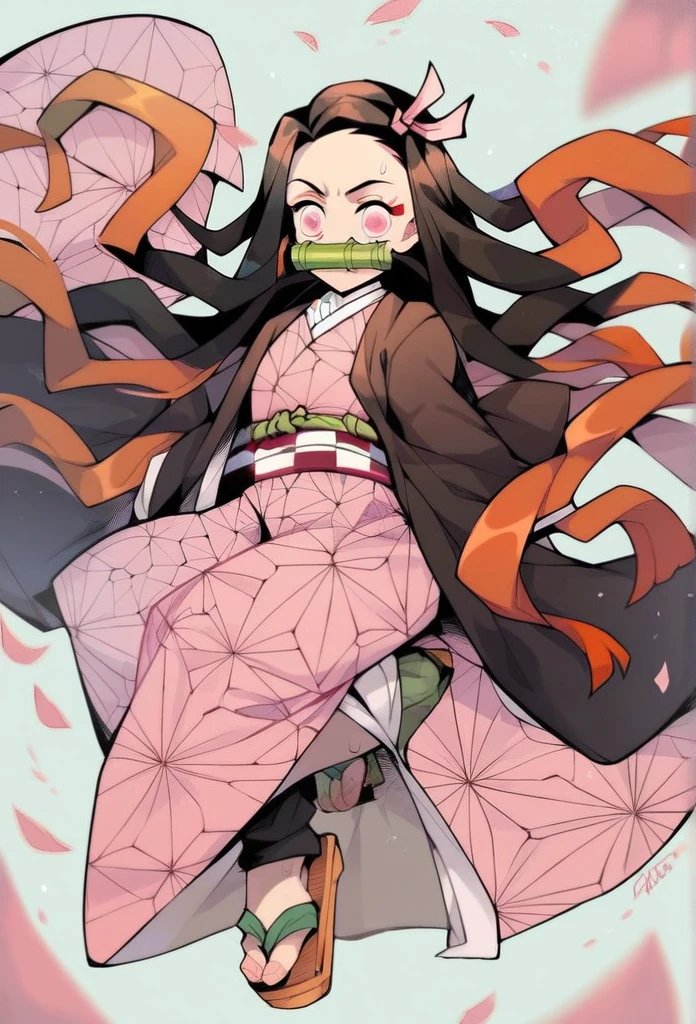 score_9,score_8_up,score_7_up,score_6_up,score_5_up,score_4_up, kamado_nezuko, kimetsu_no_yaiba, 1girl, black_hair, pink_eyes, showing sandals, sweaty sandals, very sweaty, focus on sandals